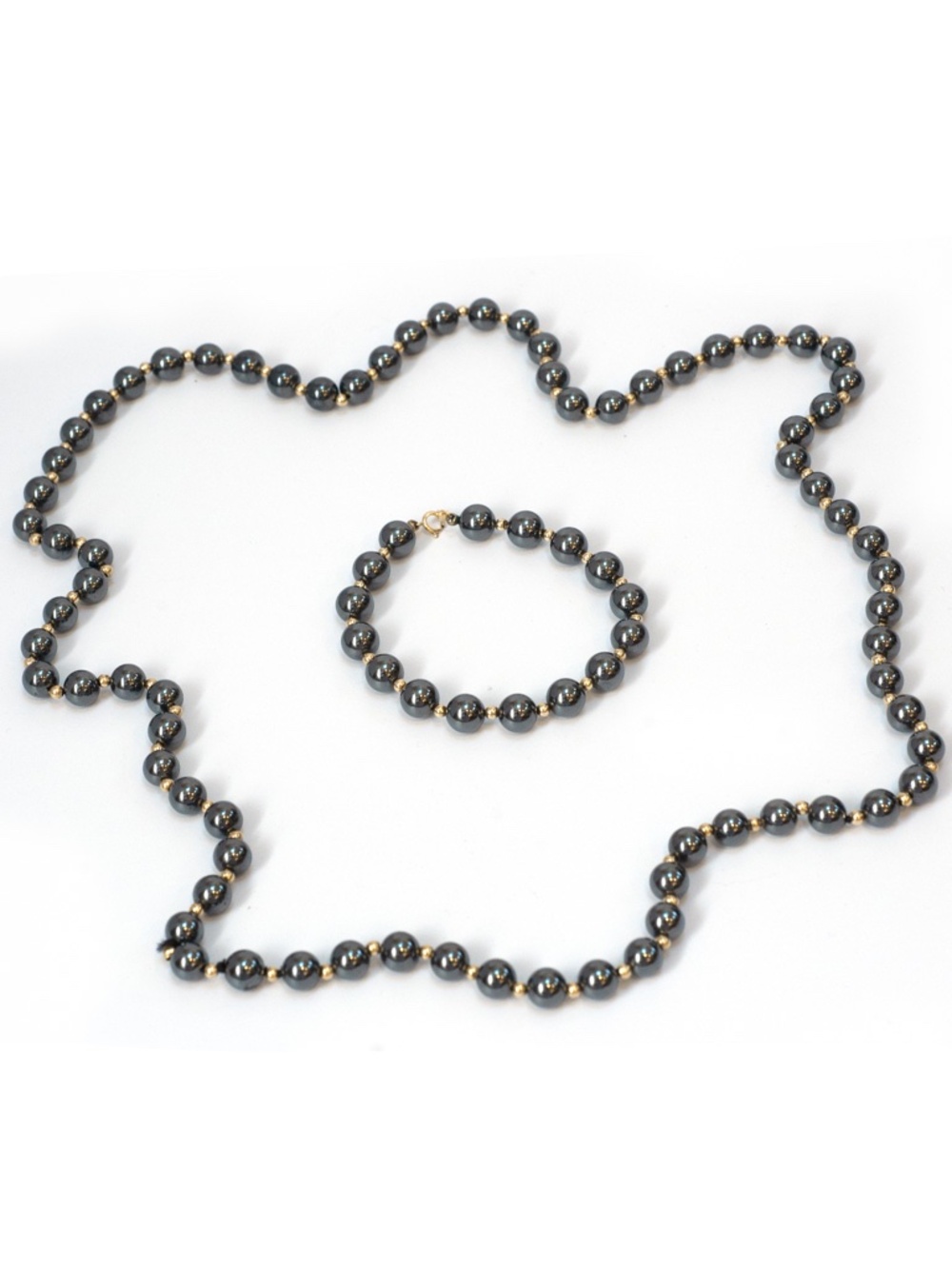 Vintage 90's Hematite & Gold Tone Ball 30" Necklace & 7.5" Bracelet 14K Clasp